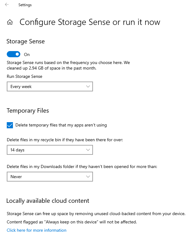 Storage Sense settings